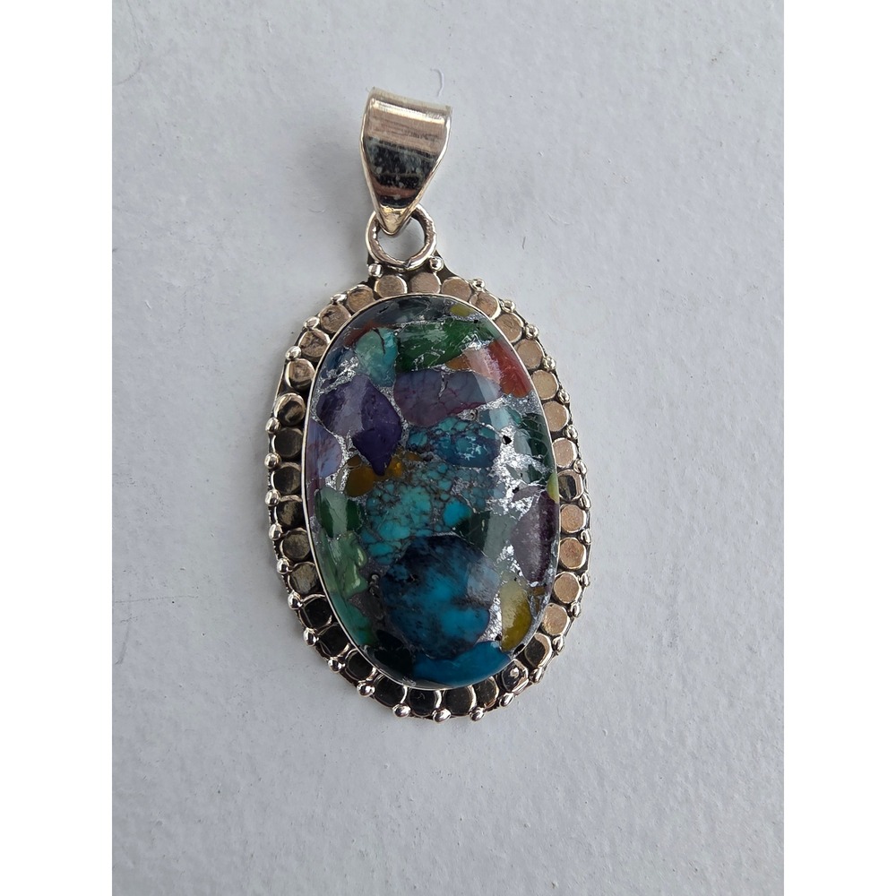 Sterling Silver Multi Color Composite Stone Oval Pendant Beaded Border 1.5in
